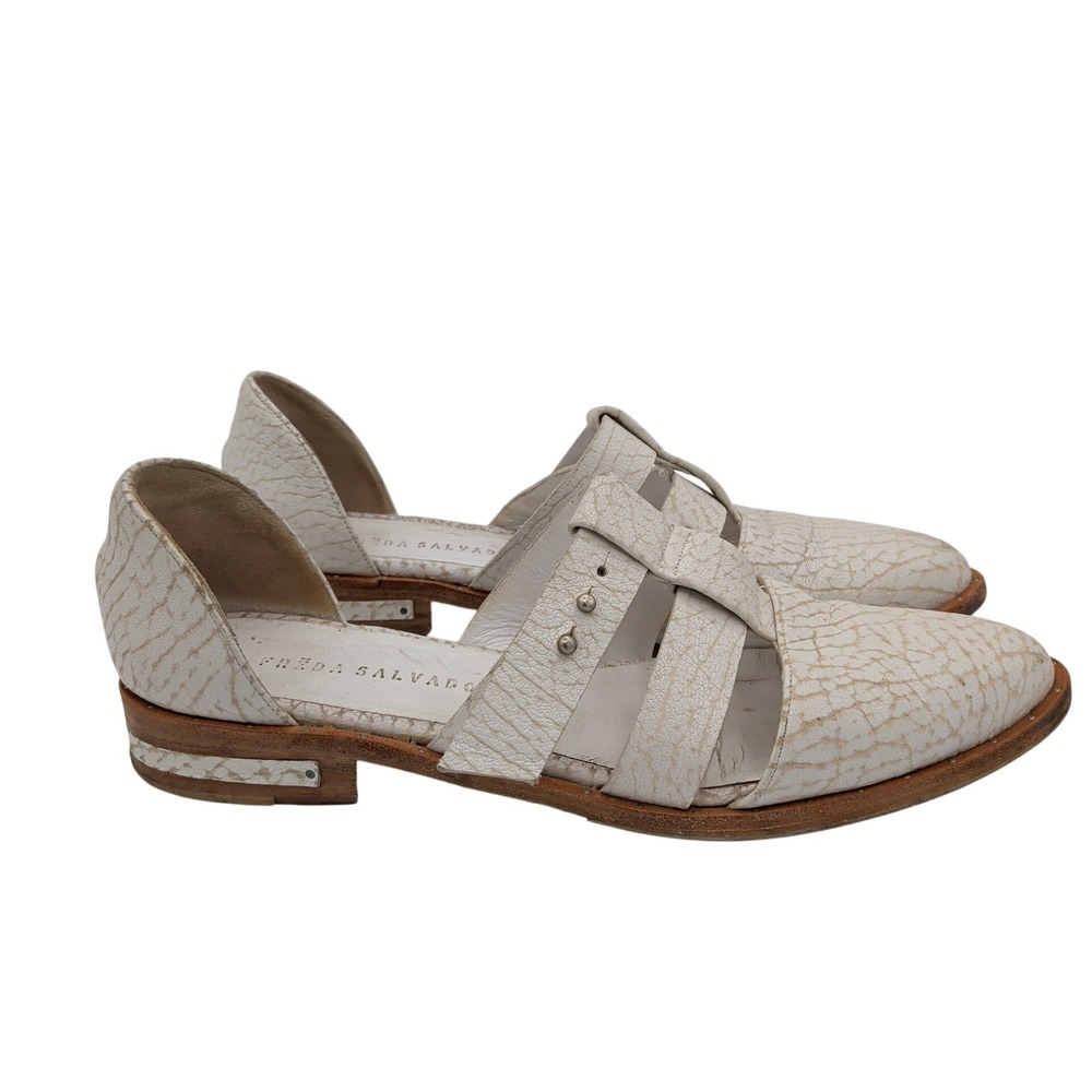 Freda Salvador Fisherman White Embossed Leather Flats‎ D'Orsay Oxford Shoes 10
